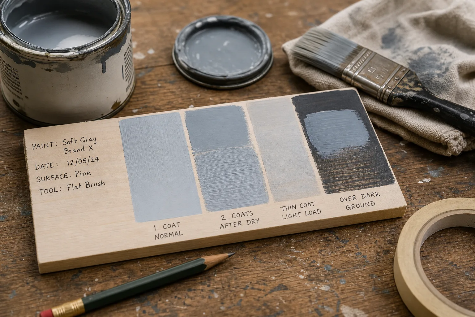 Wooden paint test strip showing different gray paint samples on rustic wooden table with paint can, brush, pencil, cloth, and masking tape