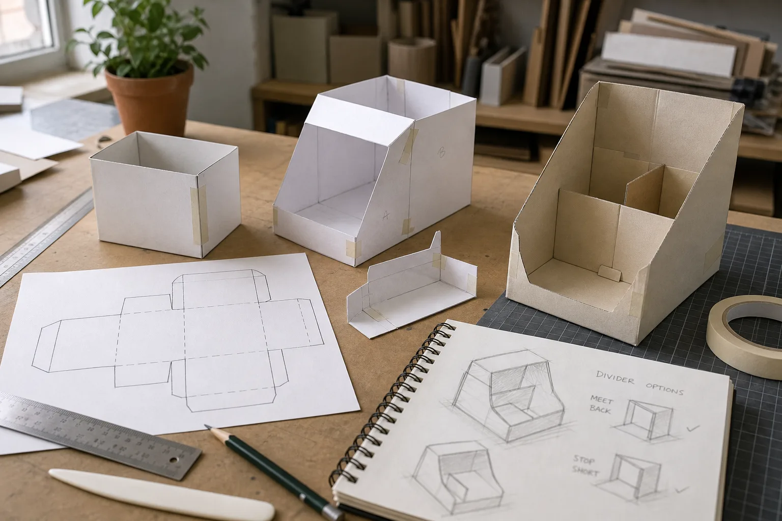 Various paper and cardboard box prototypes, sketches, ruler, and tape on a wooden worktable