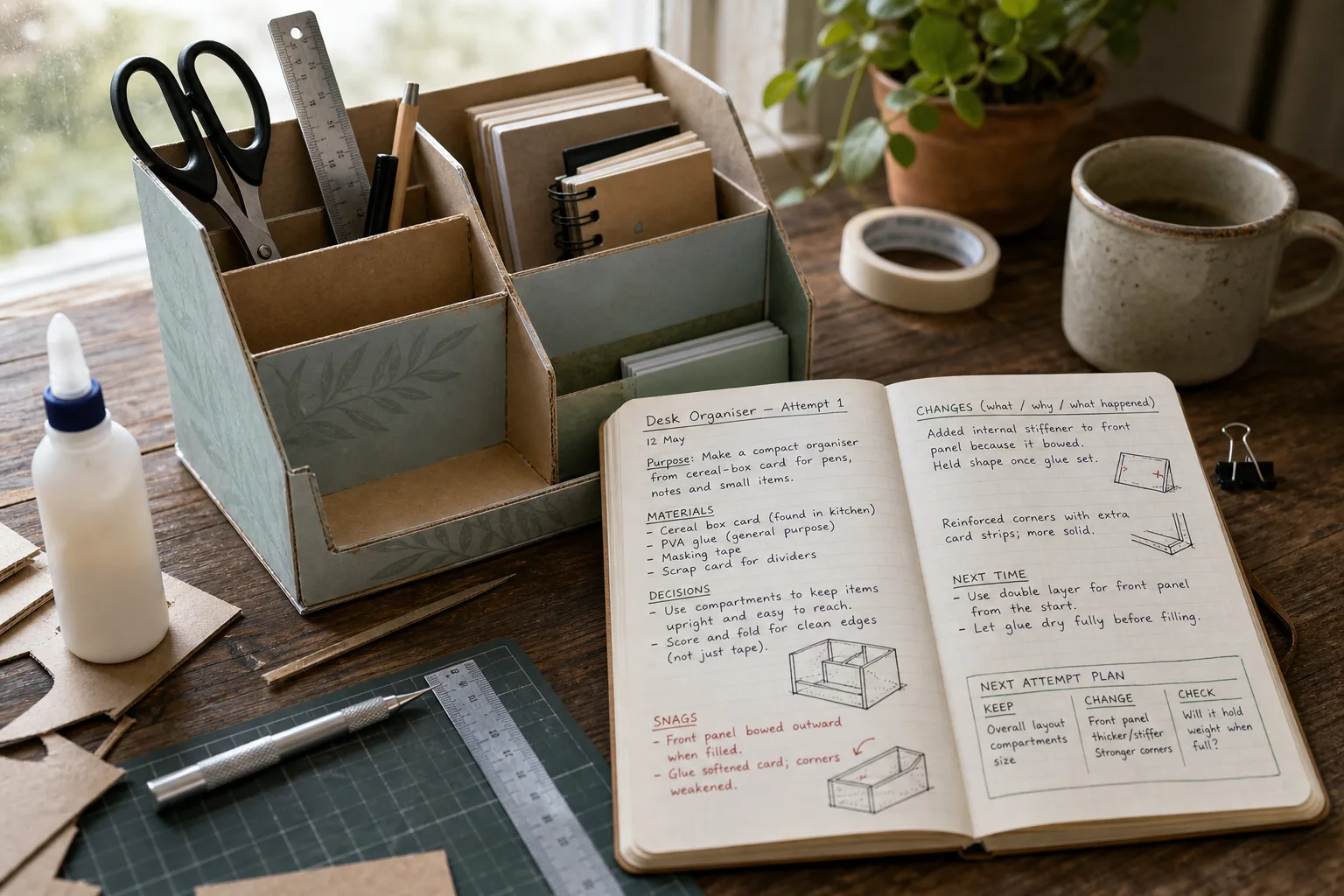 Notebook with handwritten project notes and sketches beside cardboard organizer, glue, ruler, cutting mat, coffee mug, and plant on wooden table