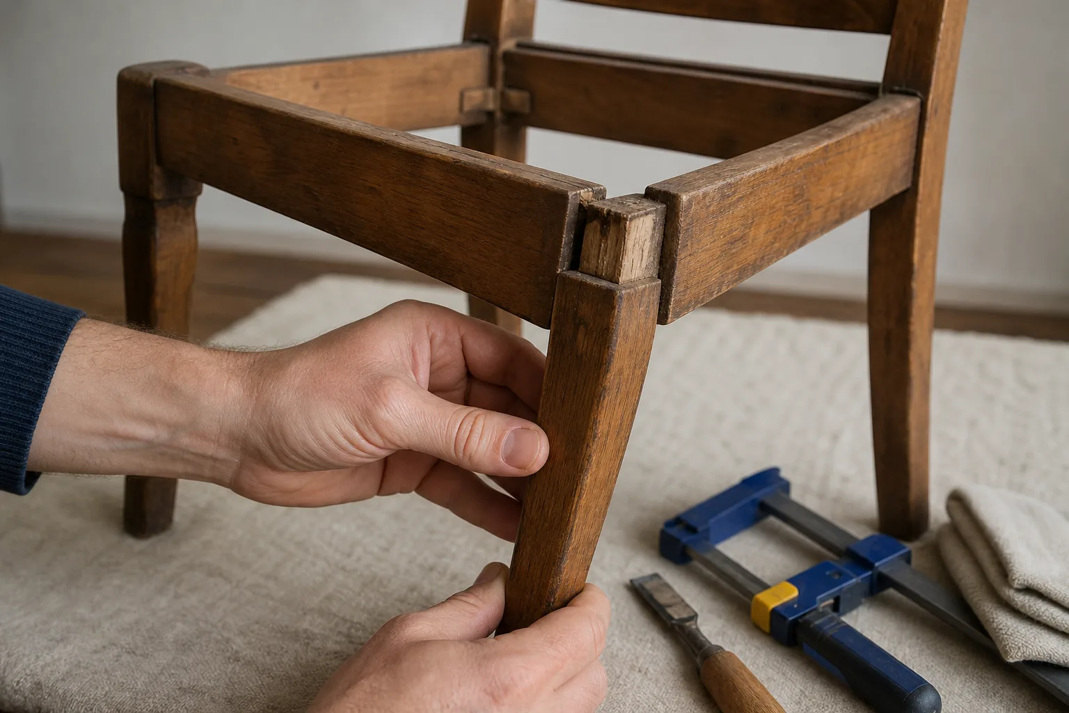 Hands holding and inspecting a loose wooden chair leg on a light carpet with woodworking tools nearby