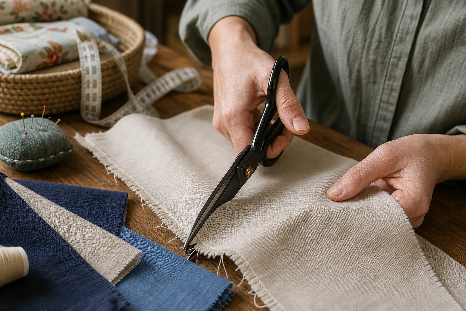 Hands cutting beige fabric with black scissors beside folded cloth and sewing tools on wooden table